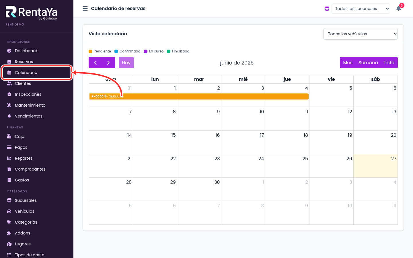 Calendario de disponibilidad de vehículos