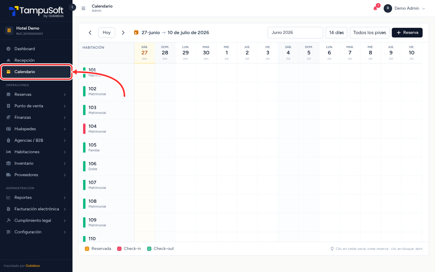 Calendario de reservas de TampuSoft