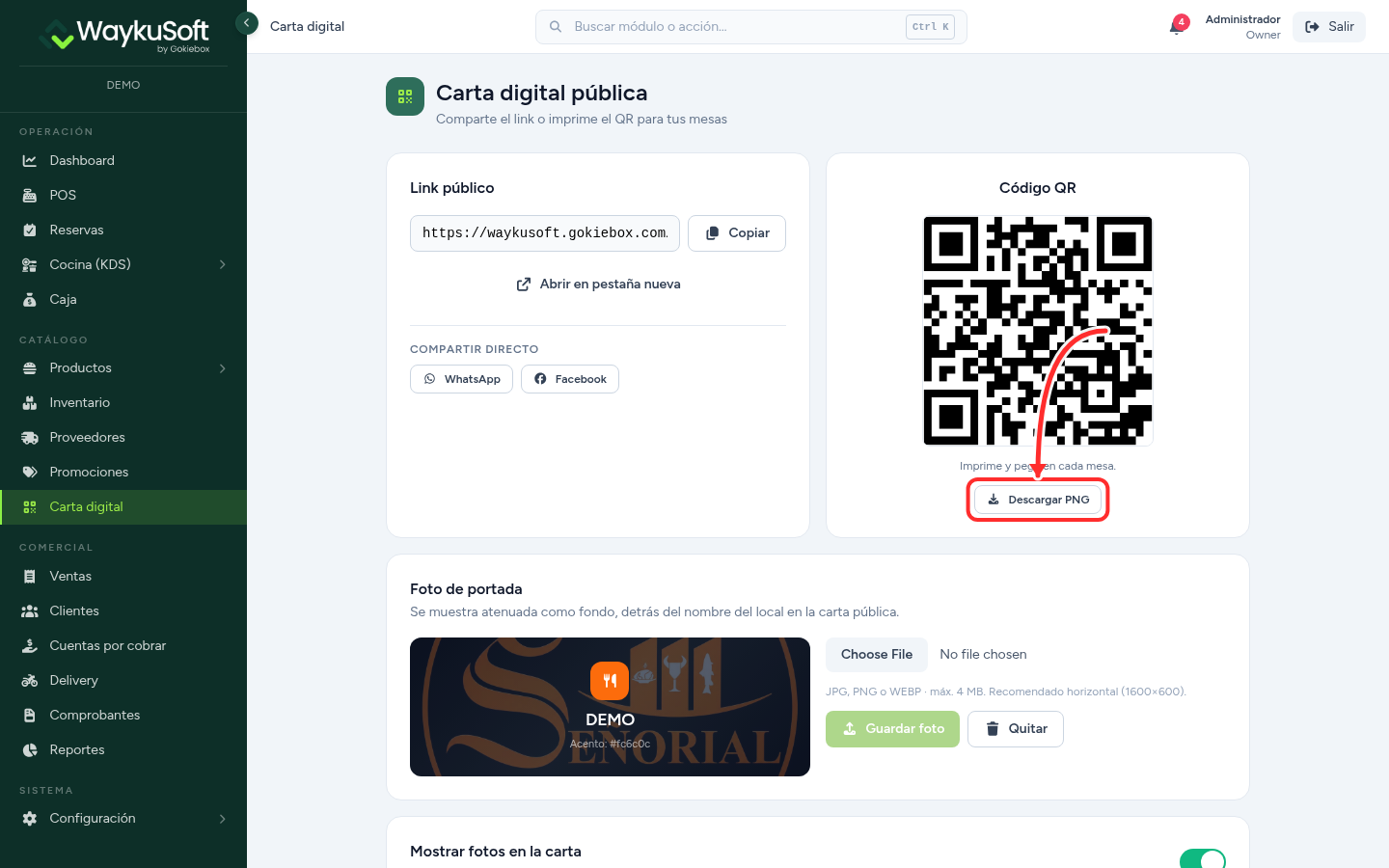 Carta digital pública con link y código QR