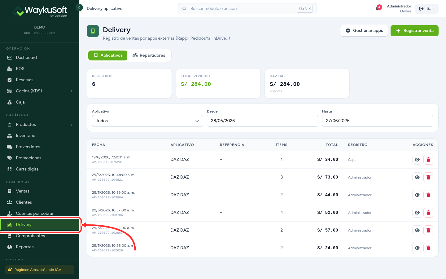 Registro de ventas por aplicativos de delivery