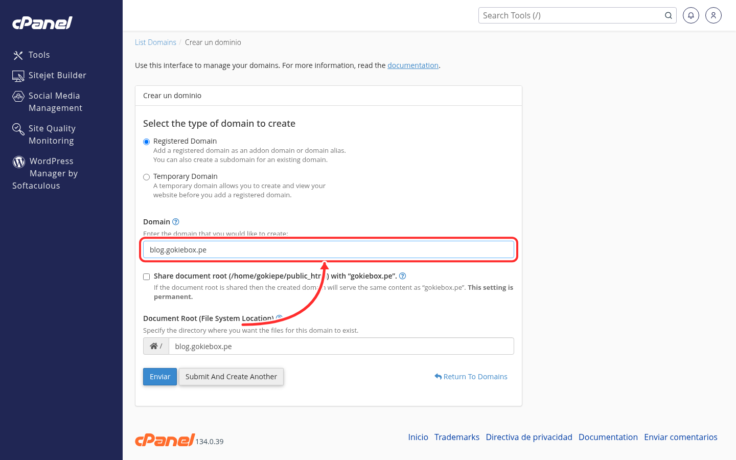 Formulario Crear un dominio con el campo Domain señalado y el subdominio blog.gokiebox.pe escrito