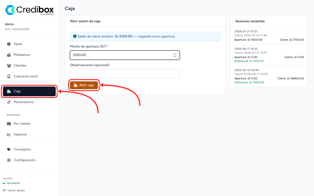 Abrir sesión de caja en Credibox