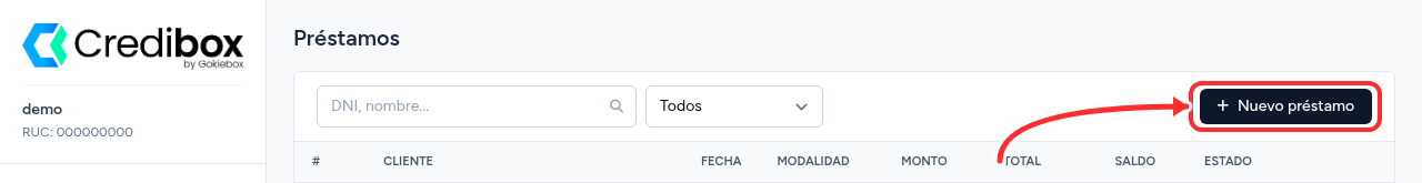 Botón Nuevo préstamo en Credibox