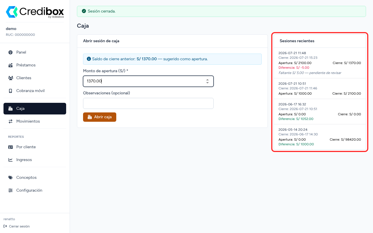 Panel de sesiones recientes de Credibox con la sesión recién cerrada y su diferencia