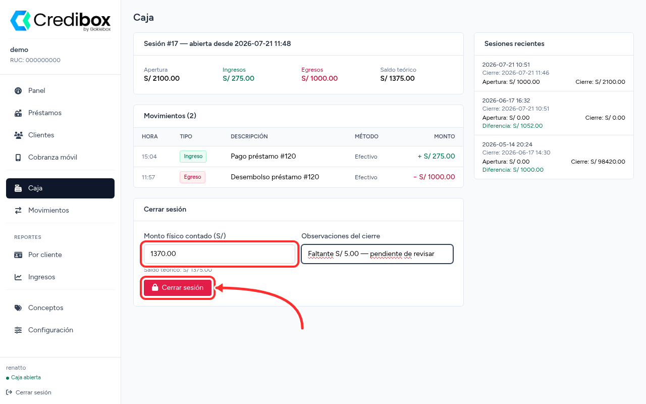 Formulario de cierre de caja en Credibox con el monto contado y el botón Cerrar sesión señalado con una flecha