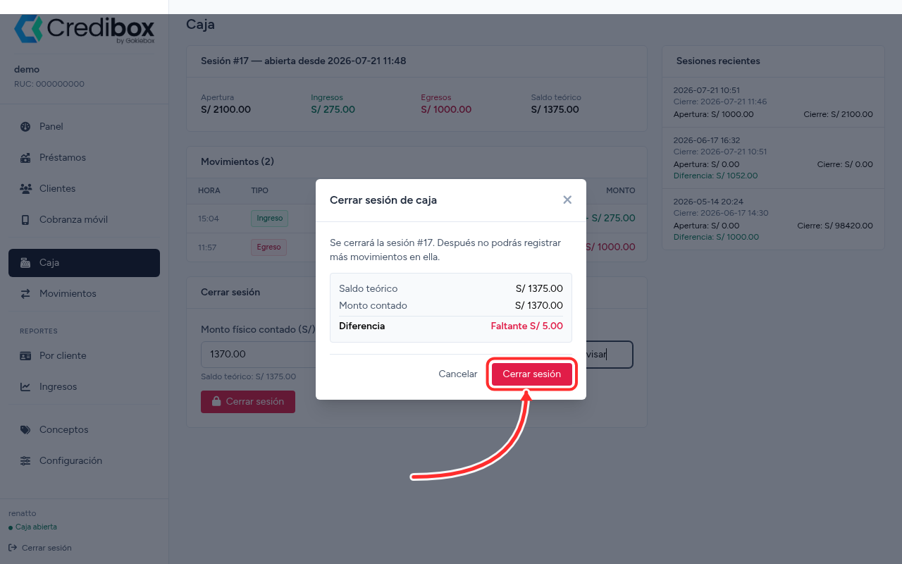 Ventana de confirmación de cierre de caja en Credibox mostrando la diferencia, con el botón Cerrar sesión señalado