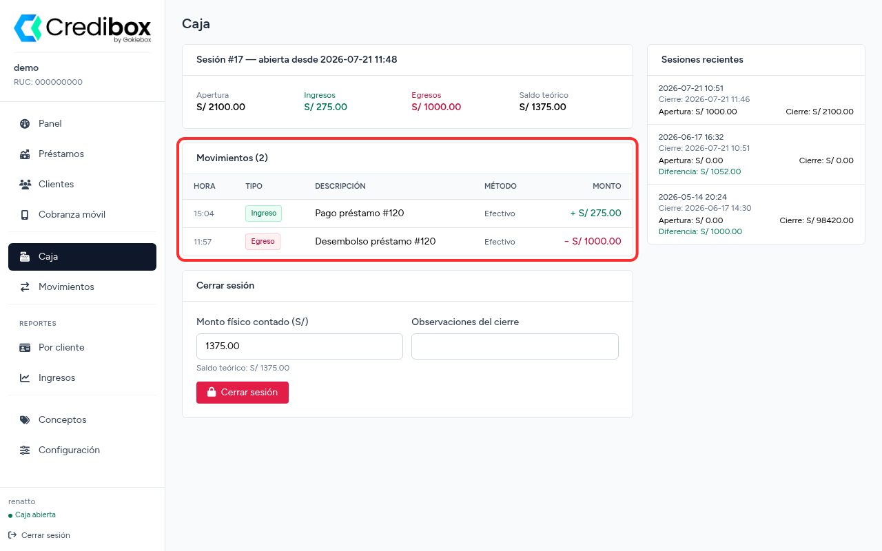 Lista de movimientos de la sesión de caja en Credibox resaltada