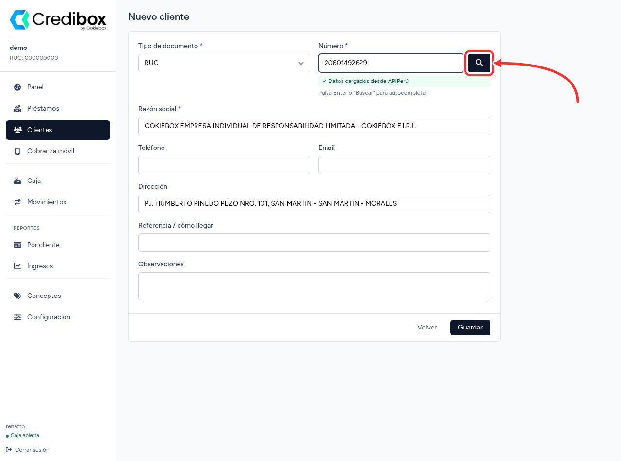 Formulario de cliente en Credibox con el botón de búsqueda señalado y los datos autocompletados