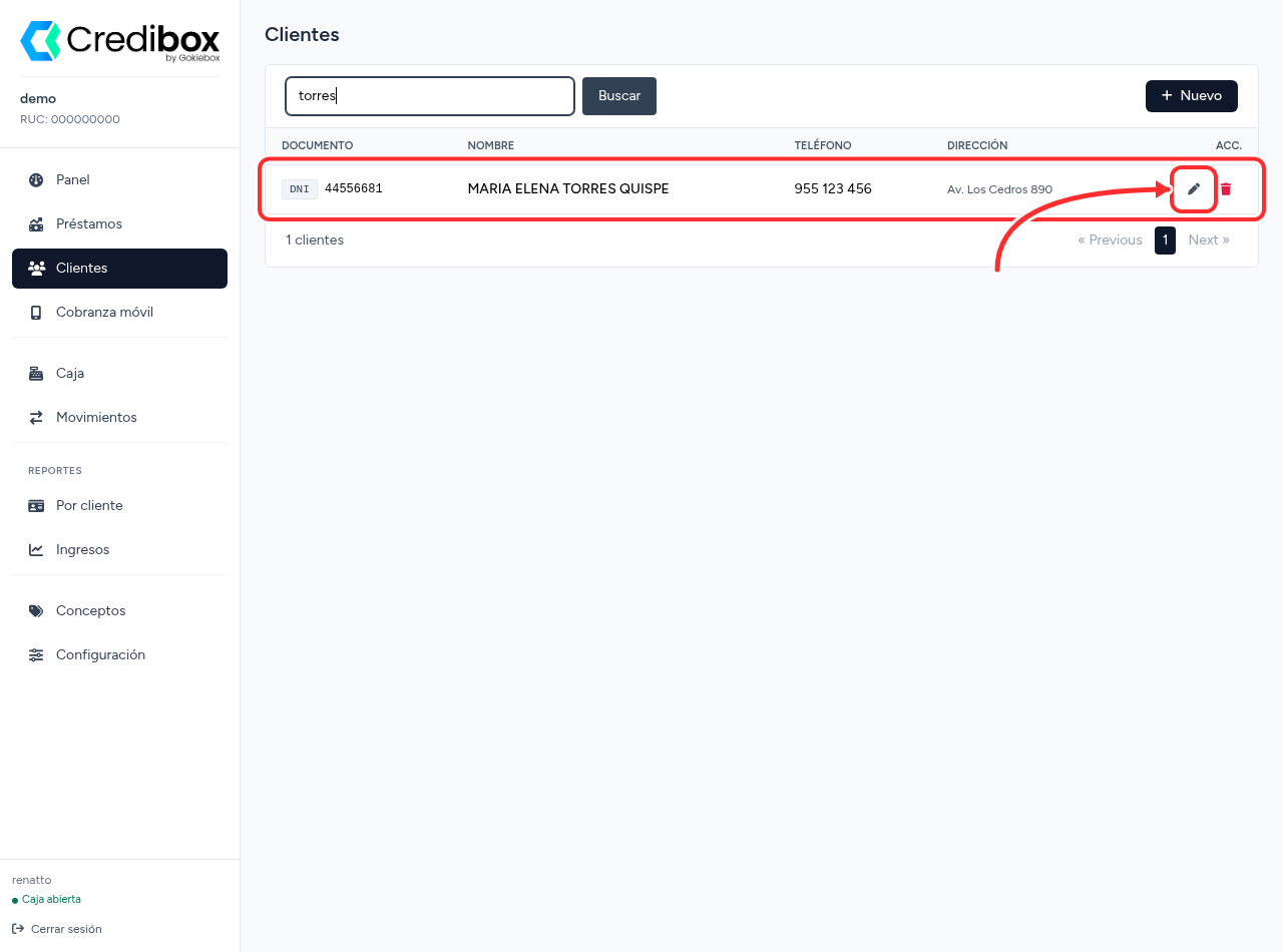 Resultado de búsqueda en el módulo Clientes de Credibox con el ícono de editar señalado