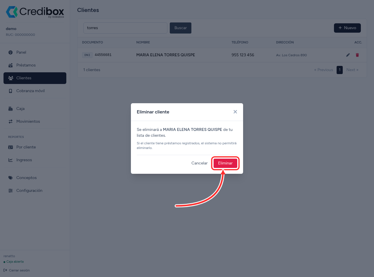 Ventana de confirmación para eliminar un cliente en Credibox