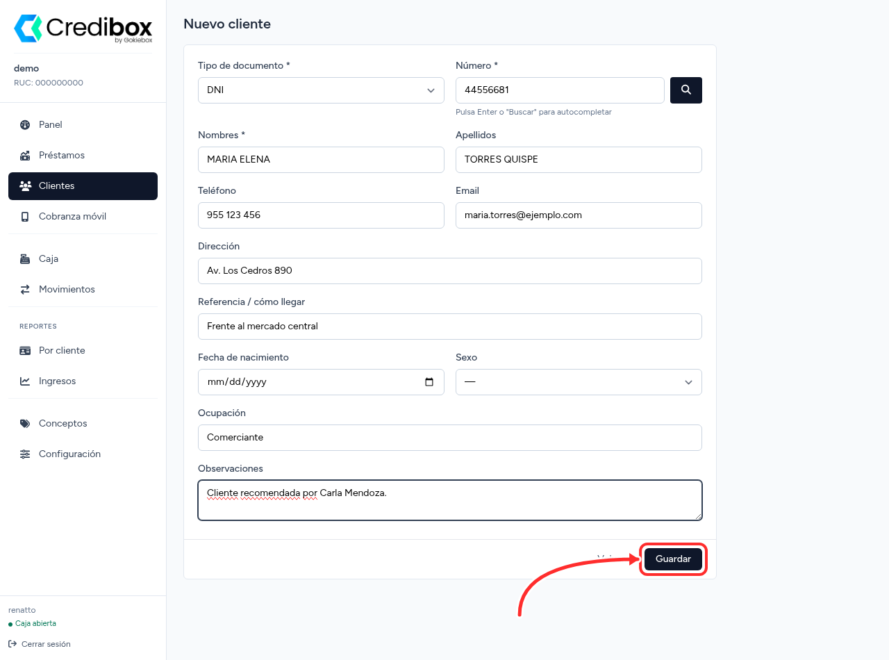 Ficha de cliente completa en Credibox con el botón Guardar señalado