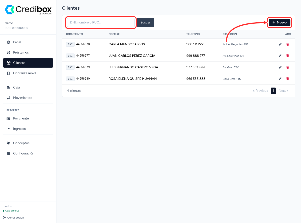 Módulo Clientes de Credibox con el buscador y el botón Nuevo señalados