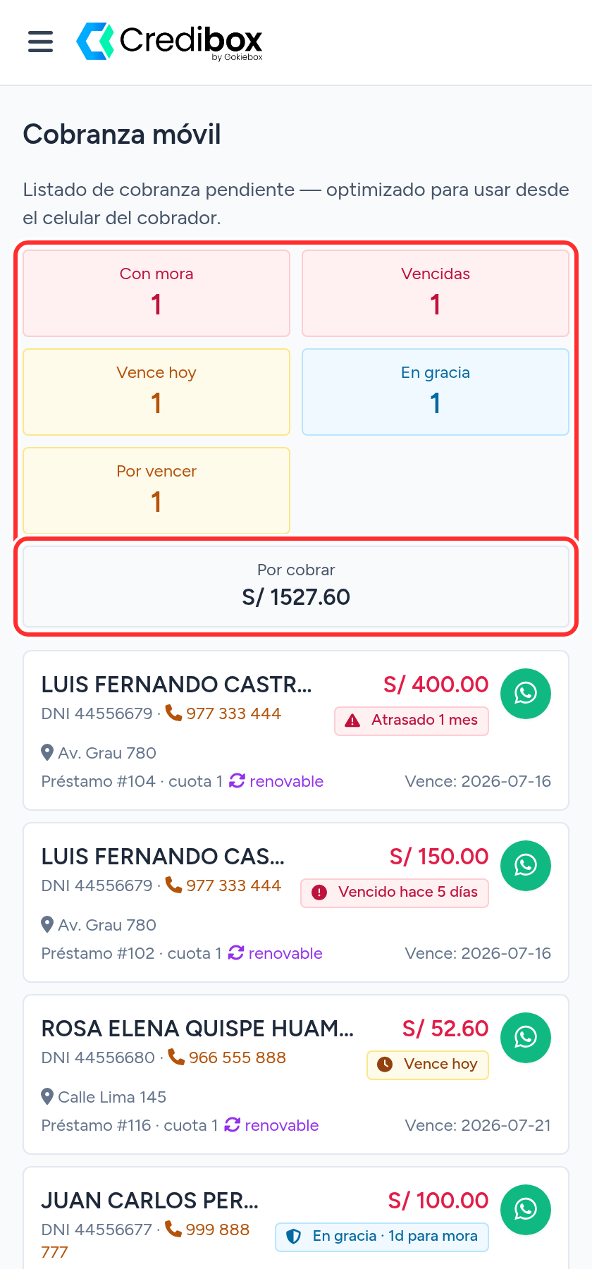 Tablero de estados de la Cobranza móvil de Credibox visto en el celular