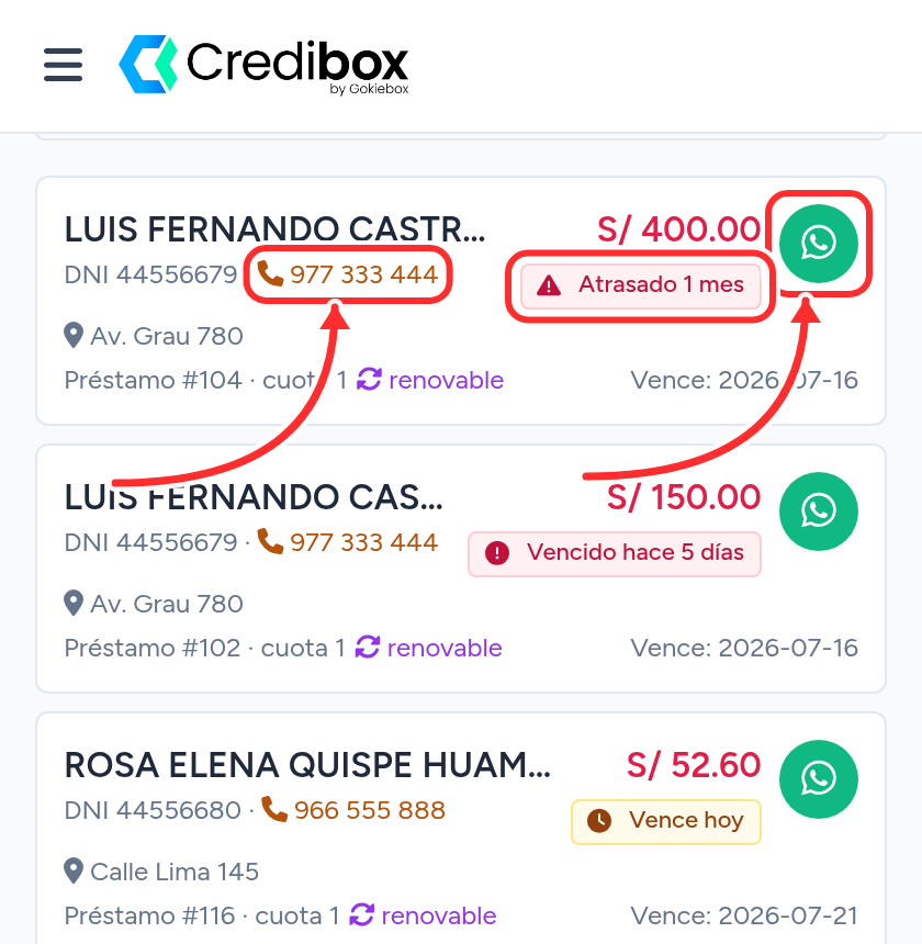 Tarjeta de cobranza en Credibox con el teléfono, el estado y el botón de WhatsApp señalados