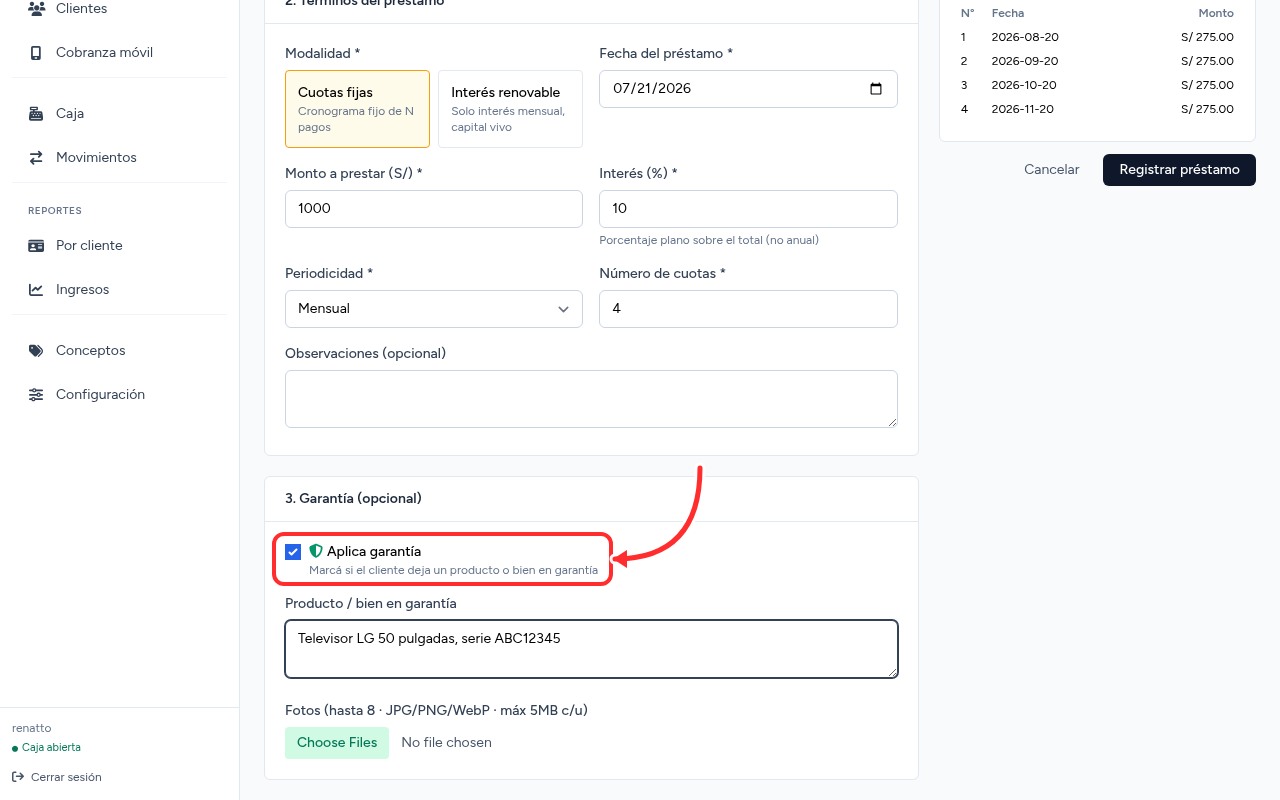 Garantía del préstamo en Credibox
