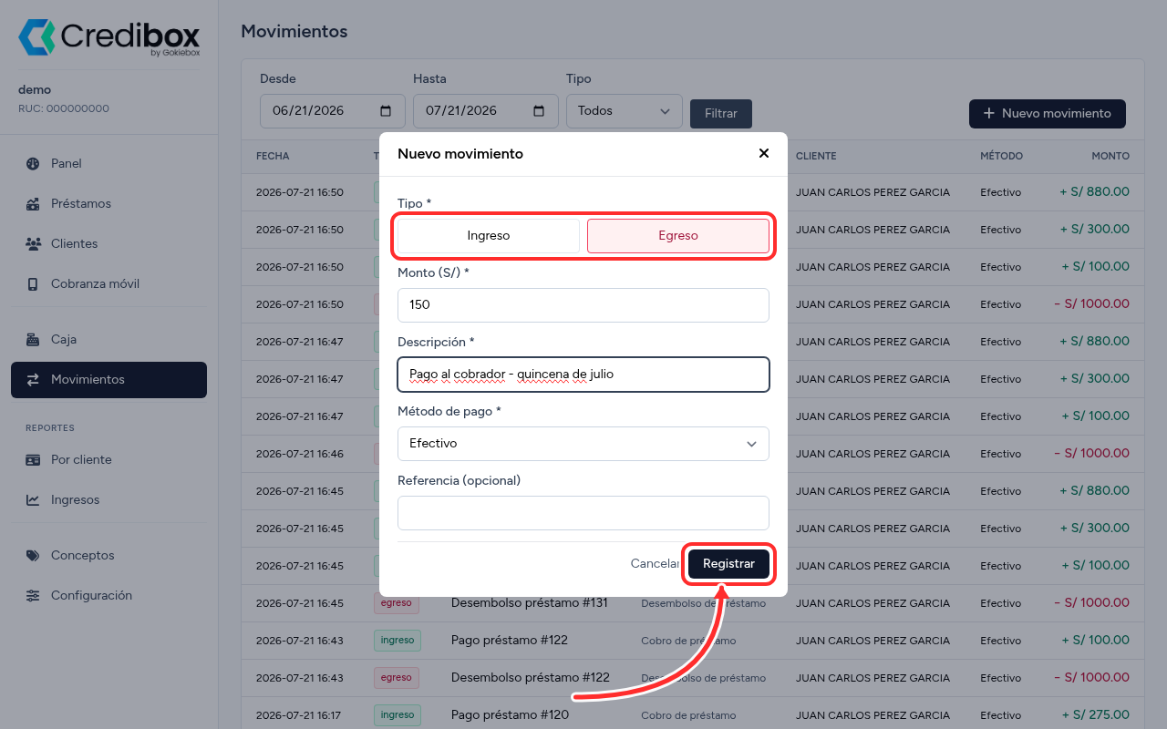 Ventana de nuevo movimiento en Credibox con el selector de tipo y el botón Registrar señalados