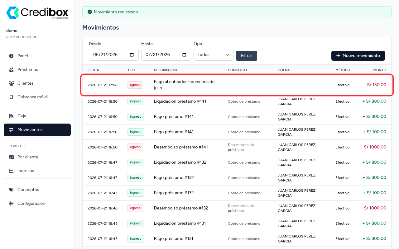 Movimiento manual registrado en Credibox, resaltado al inicio de la lista