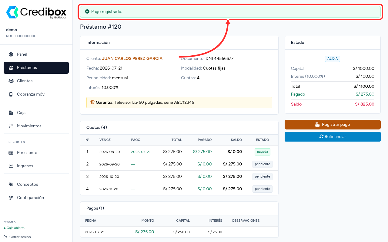 Préstamo con pago registrado en Credibox y el mensaje de confirmación señalado