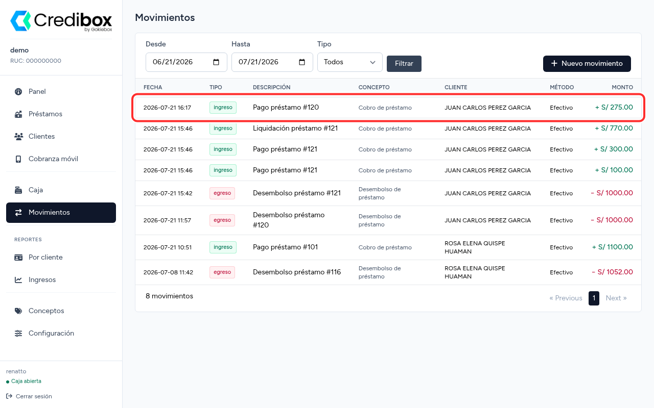 Módulo Movimientos de Credibox con el ingreso del pago resaltado