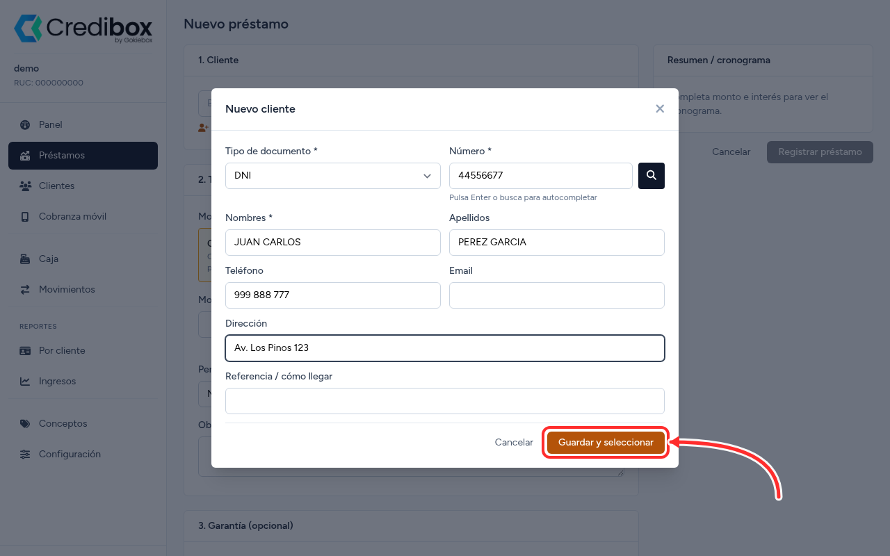 Registrar cliente nuevo en Credibox