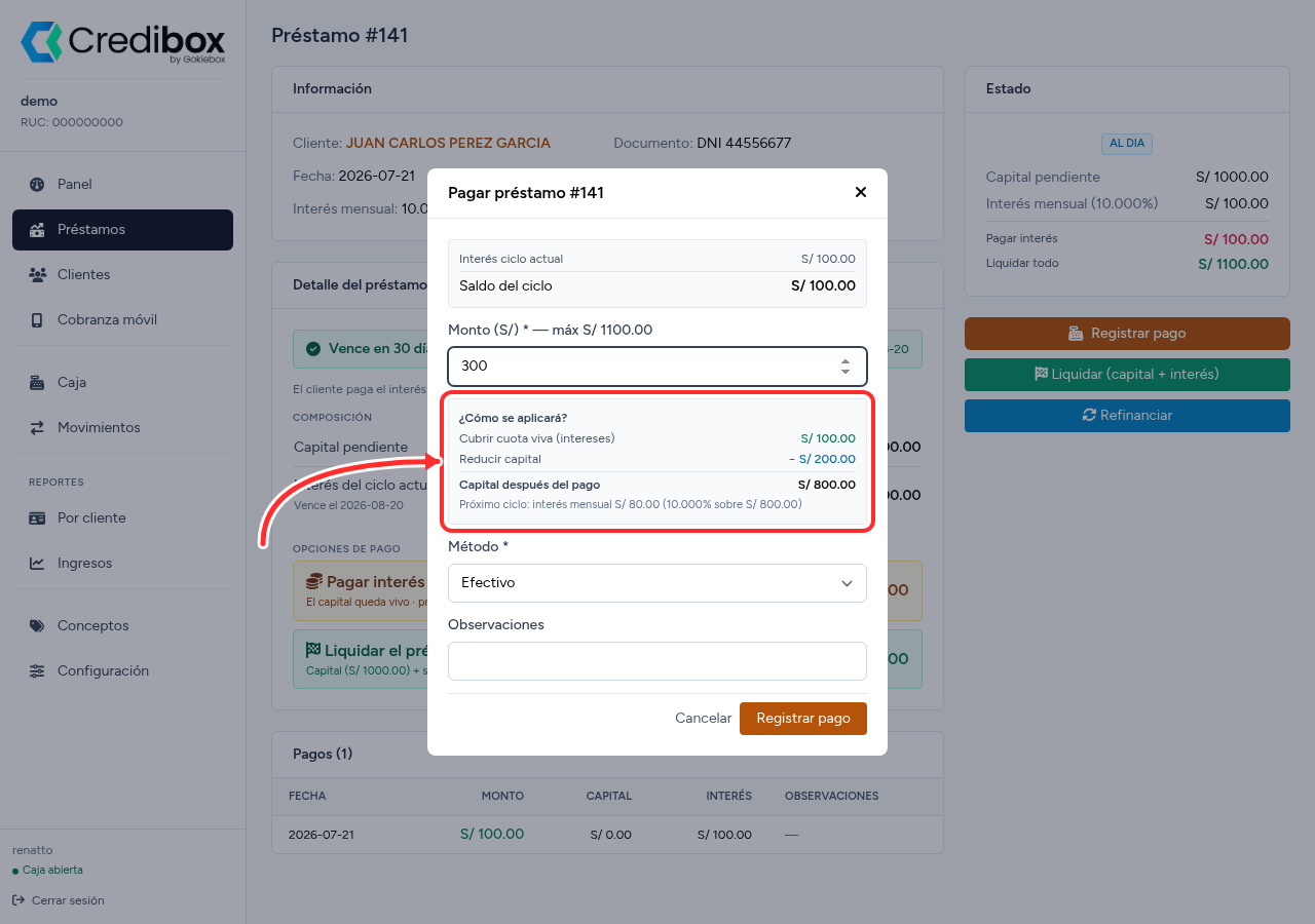 Pago de un préstamo renovable en Credibox mostrando cuánto va al interés y cuánto reduce el capital