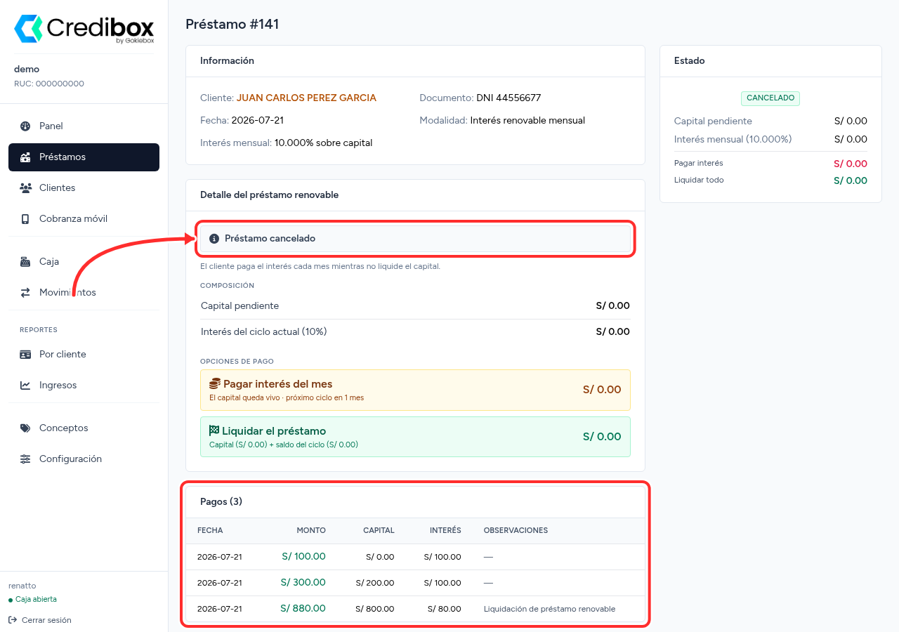 Préstamo renovable cancelado en Credibox con el historial completo de pagos