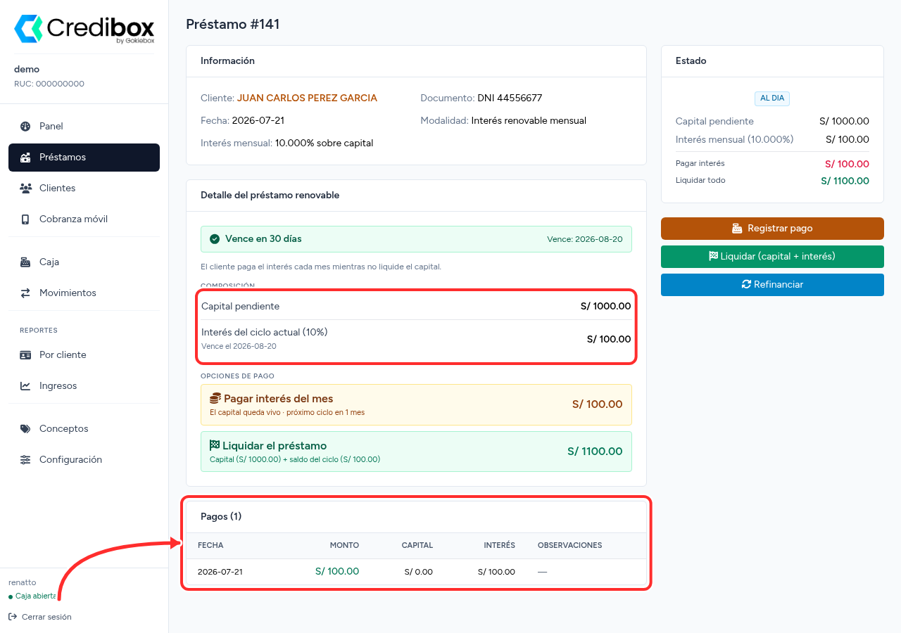 Préstamo renovable en Credibox tras cobrar el interés, con el nuevo ciclo y el pago registrado