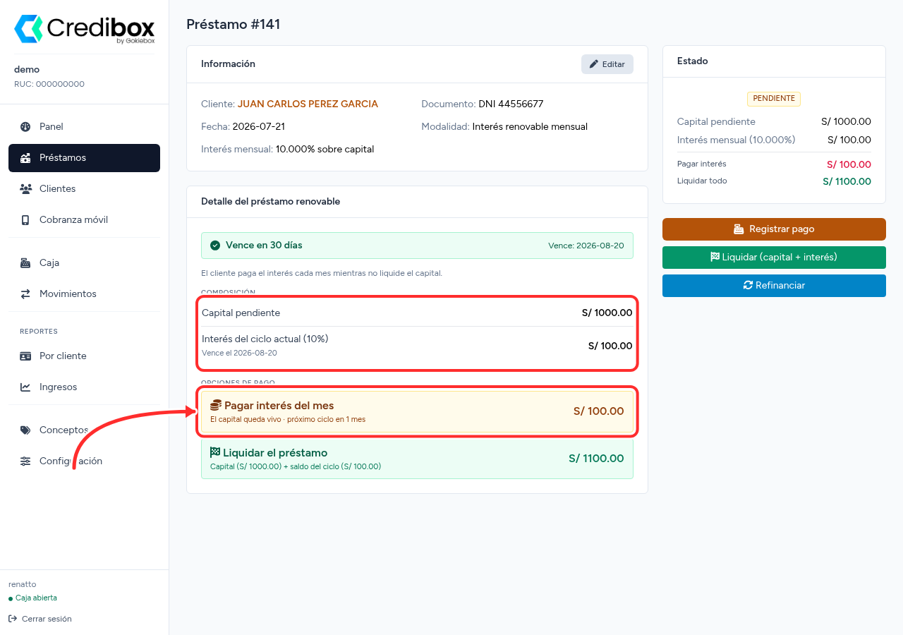 Detalle de un préstamo de interés renovable en Credibox con la composición y las opciones de pago señaladas