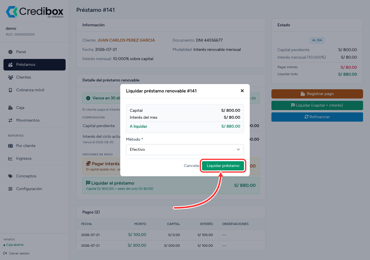 Ventana de liquidación de un préstamo renovable en Credibox con el total a cobrar