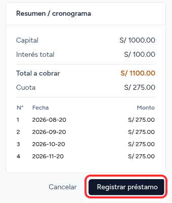 Resumen y cronograma del préstamo en Credibox