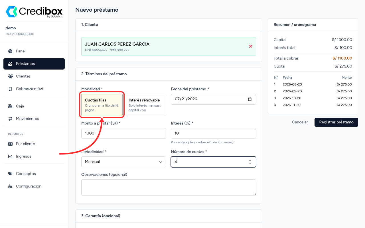 Términos del préstamo en Credibox