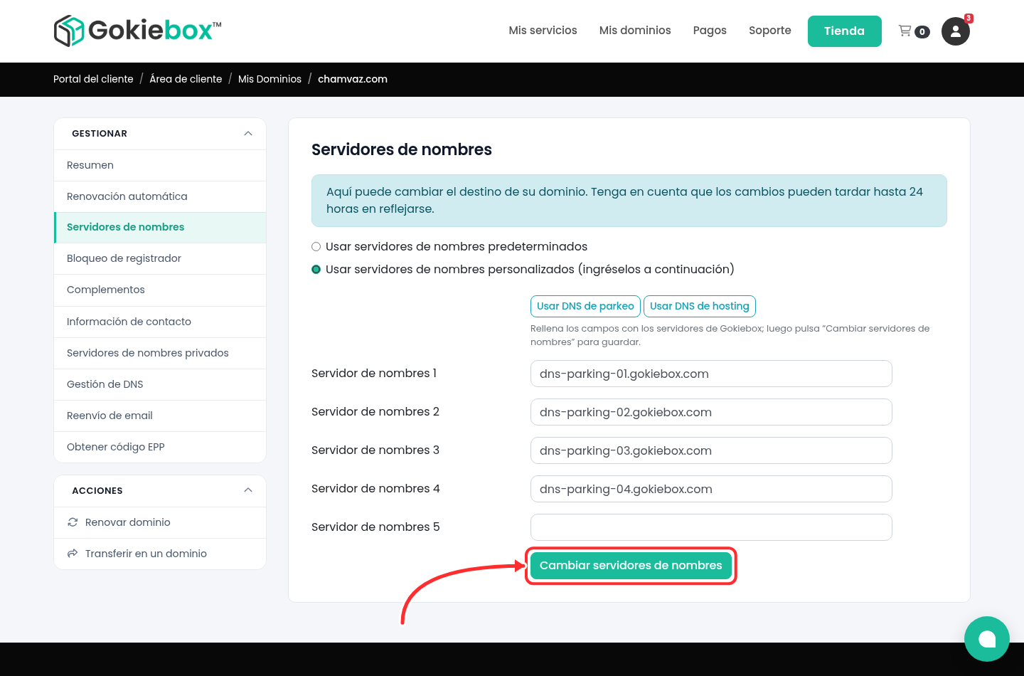 Formulario de servidores de nombres con los DNS de parkeo cargados y el botón Cambiar servidores de nombres señalado con una flecha
