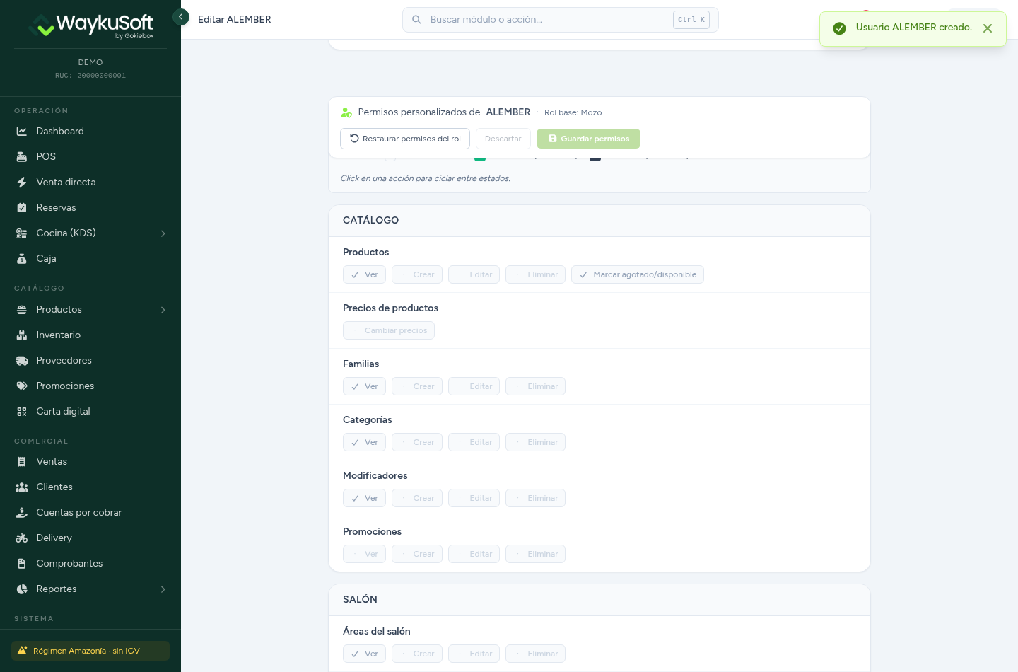 Matriz de permisos personalizados del usuario, con las acciones de Catálogo y Salón