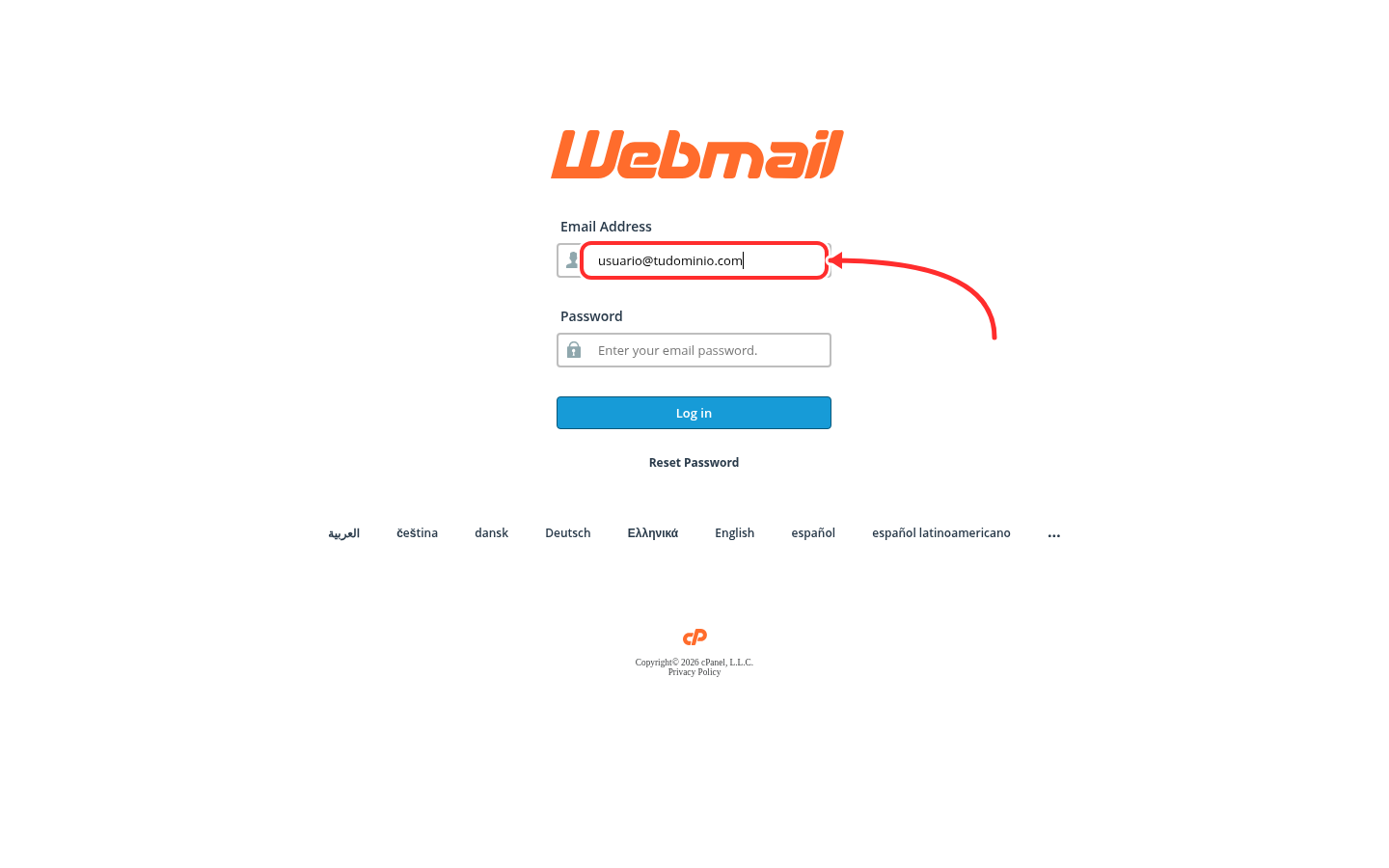 Pantalla de inicio de sesión de Webmail con el campo de correo señalado con una flecha