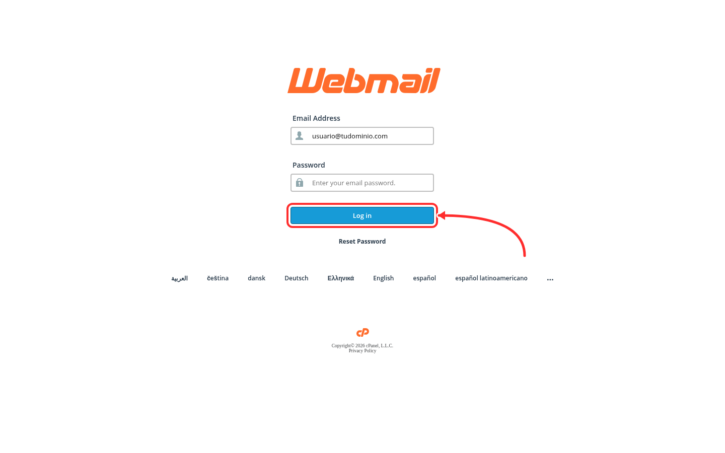 Botón Log in de Webmail señalado con una flecha