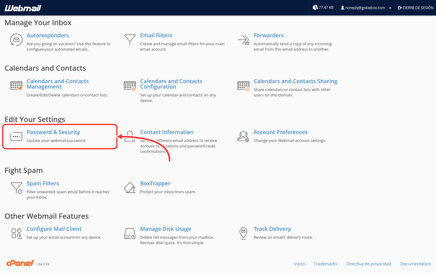 Página principal de Webmail con la opción Password & Security señalada con una flecha