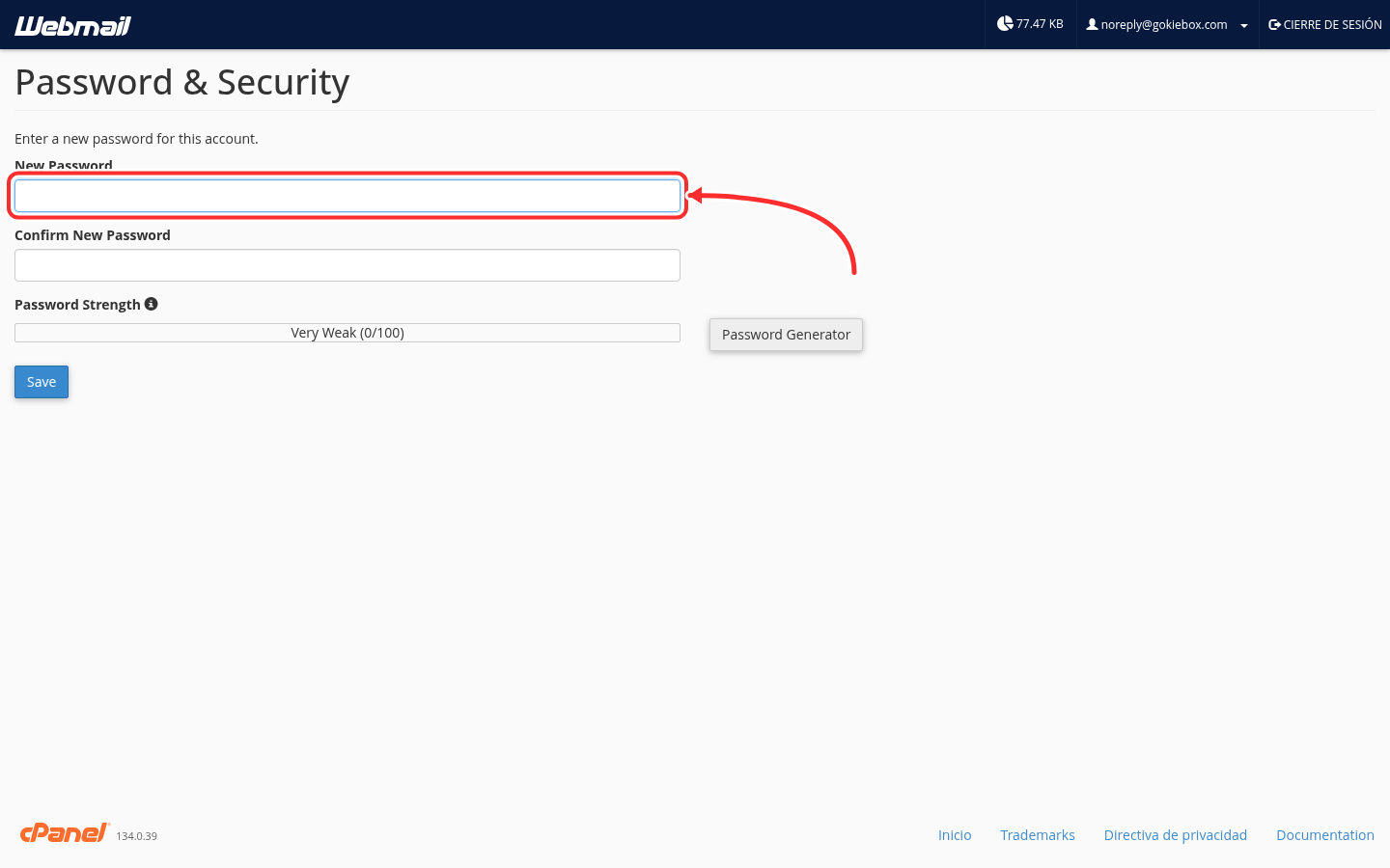 Formulario Password & Security con el campo New Password señalado con una flecha