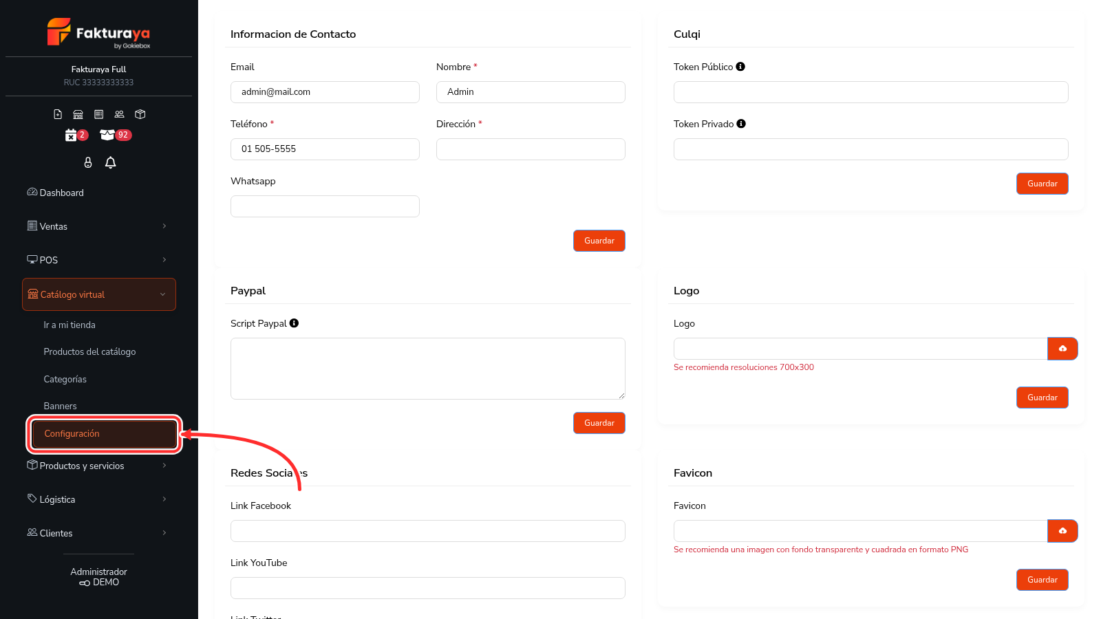 Configuración de la tienda virtual con contacto, pasarelas de pago, logo y redes sociales.