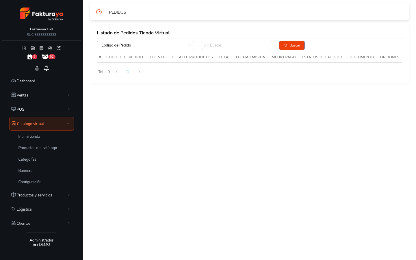 Listado de pedidos de la tienda virtual.