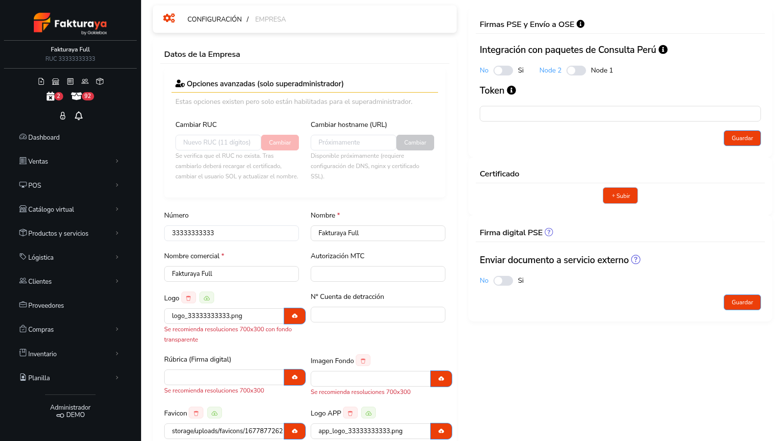 Ficha de datos de la empresa con RUC, nombre, logo y certificado.