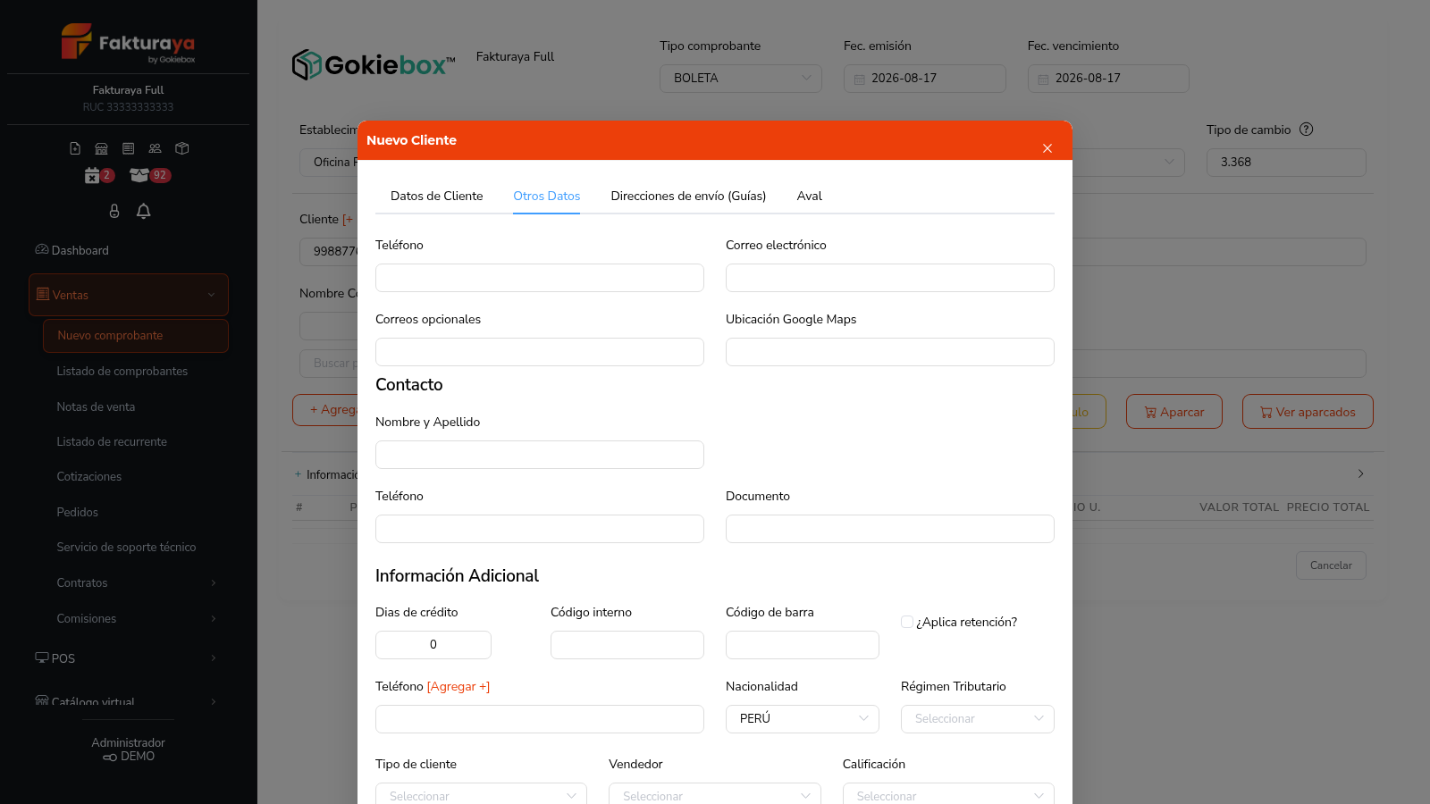 Pestaña Otros Datos con teléfono, correo, días de crédito y tipo de cliente.