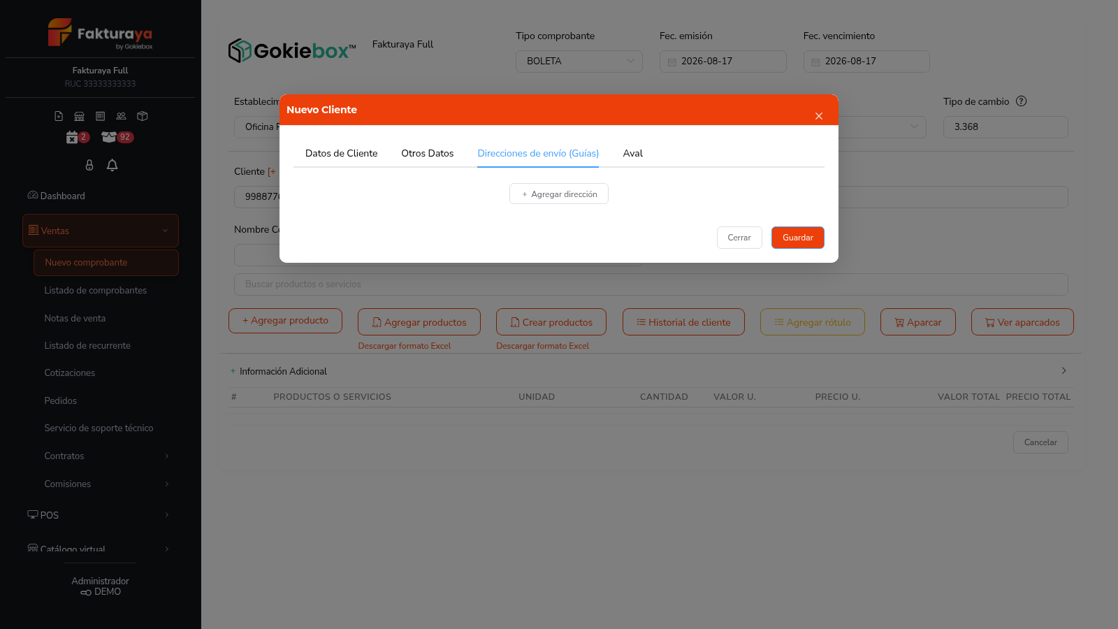 Pestaña de direcciones de envío del cliente.