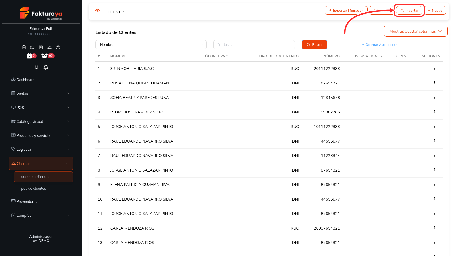 Botones Exportar e Importar del listado de clientes.