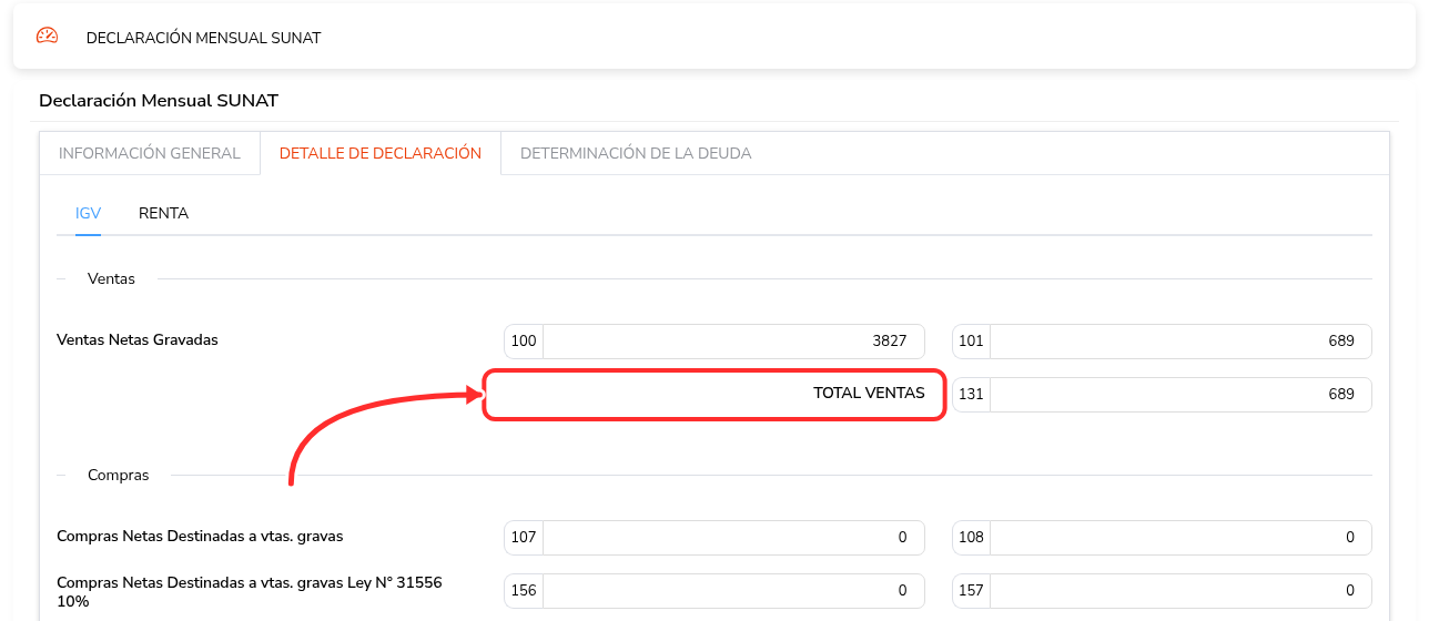 Declaración mensual SUNAT con las casillas de ventas y compras llenas.