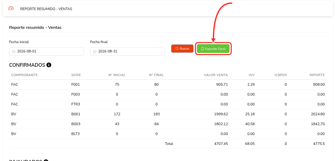 Reporte resumido de ventas con las series, los totales y el botón Exportar Excel señalado.