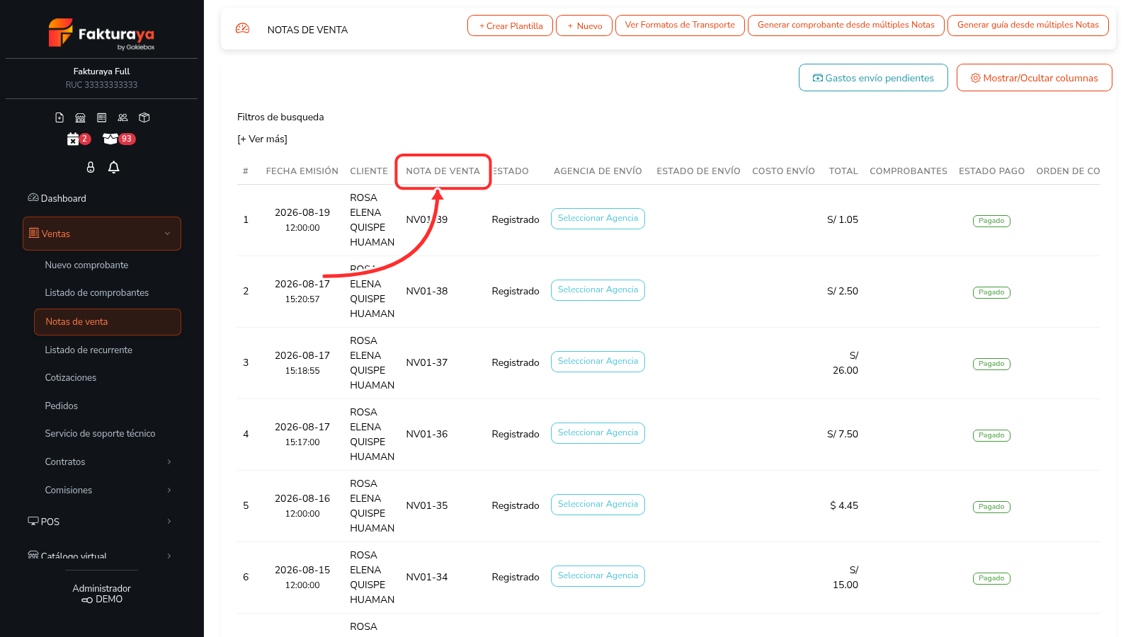 Listado de notas de venta de FakturaYa.