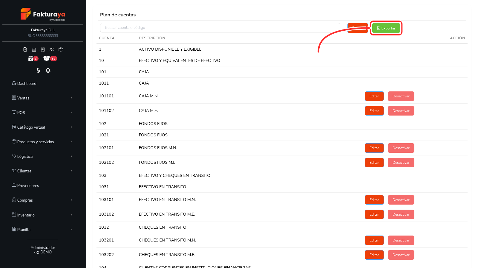 Listado del plan de cuentas con el botón Exportar señalado.