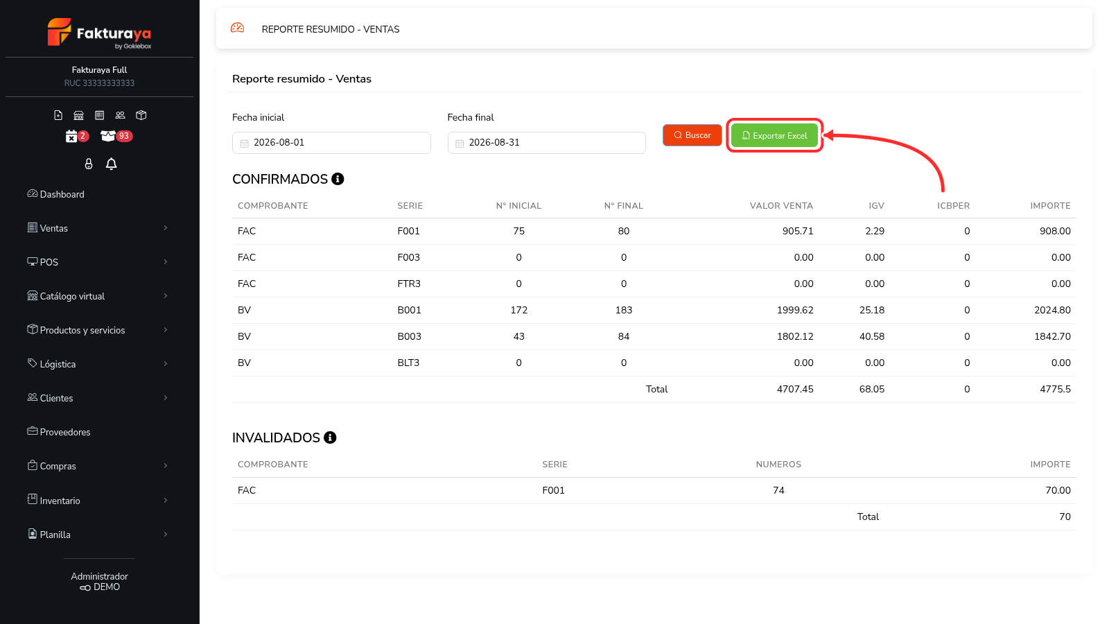 Tabla INVALIDADOS del reporte resumido de ventas.