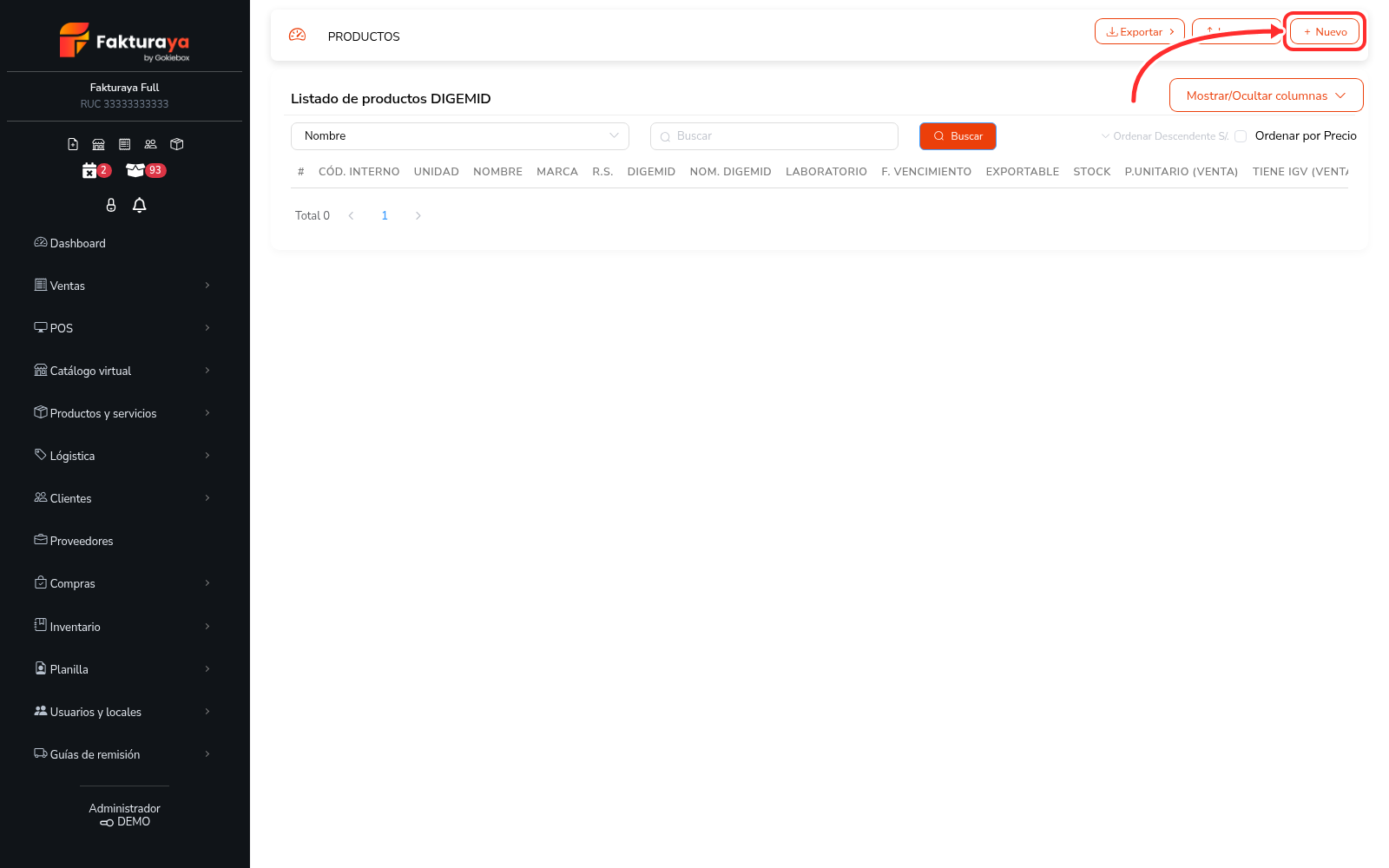 Listado de productos DIGEMID con el botón Nuevo señalado.