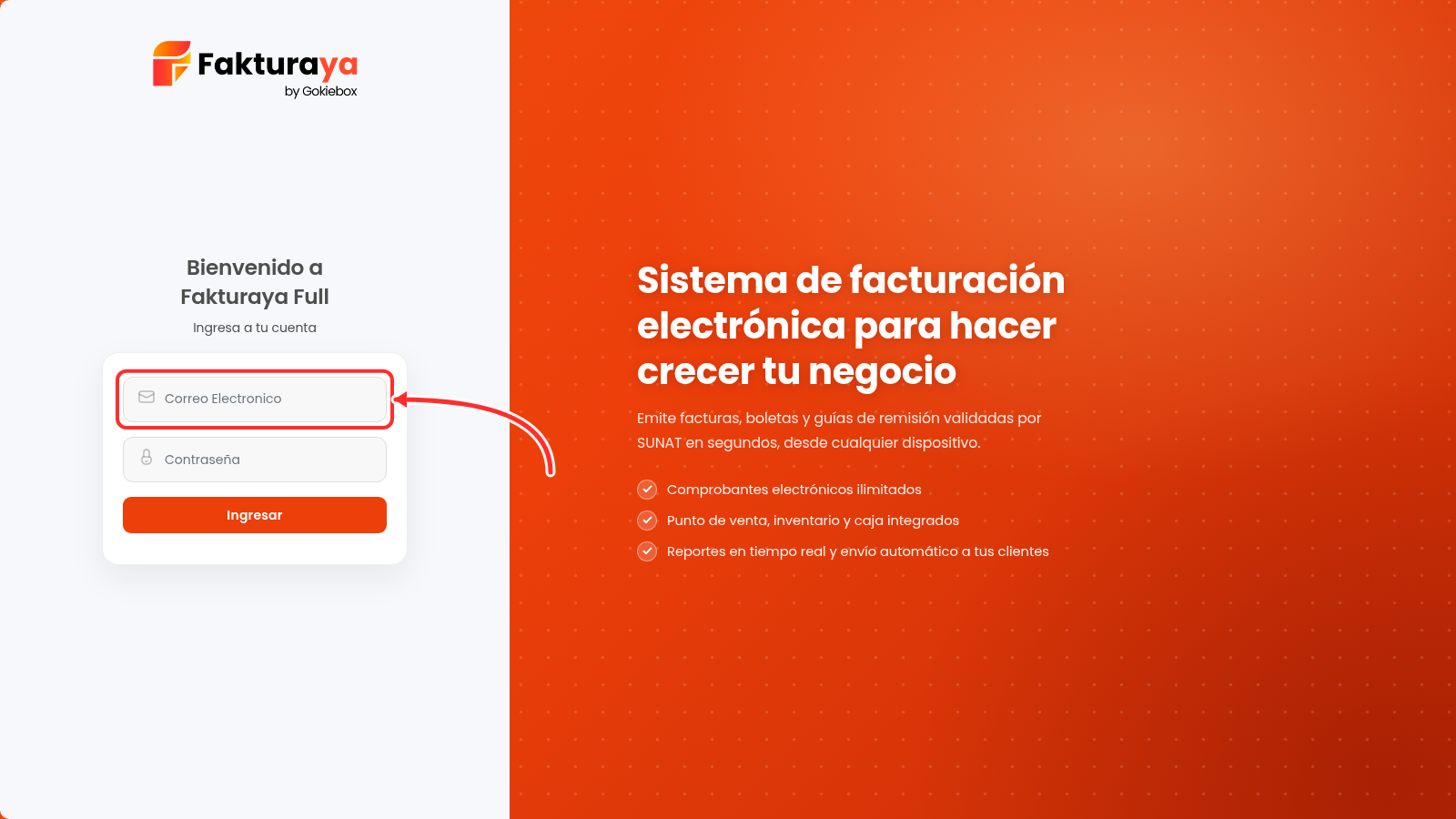 Pantalla de acceso de FakturaYa con los campos Correo Electronico y Contraseña.